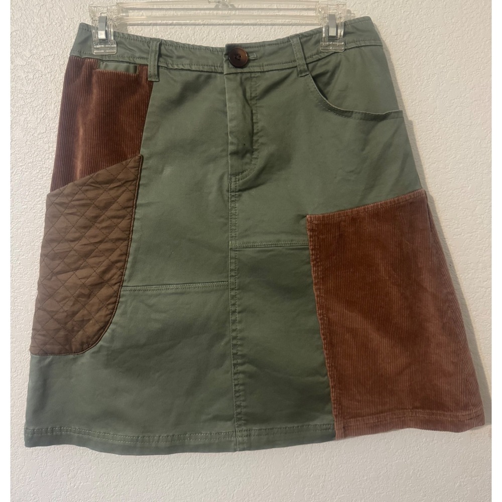 Meadow Rue Anthropologie Patchwork Corduroy Quilted Mini Skirt‎ Olive Green US 2